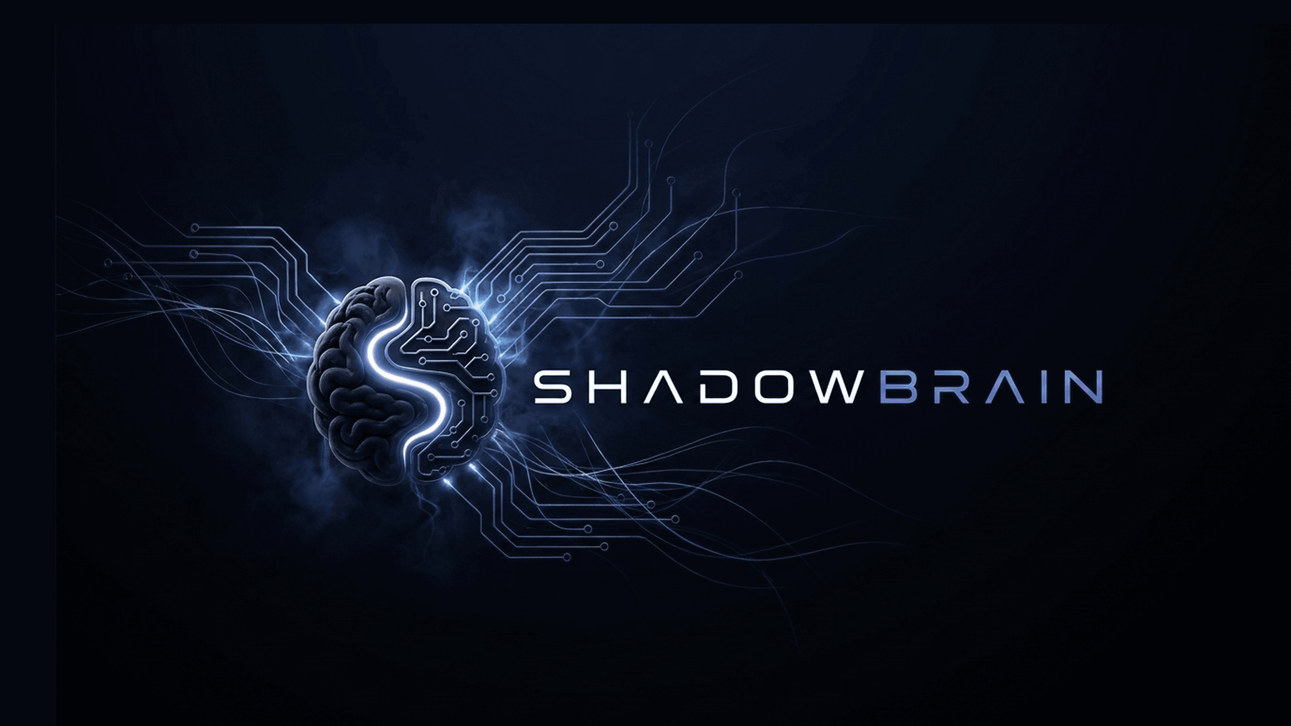 ShadowBrain — a half-organic, half-circuit brain wired into glowing traces beside the SHADOWBRAIN wordmark on a dark field.